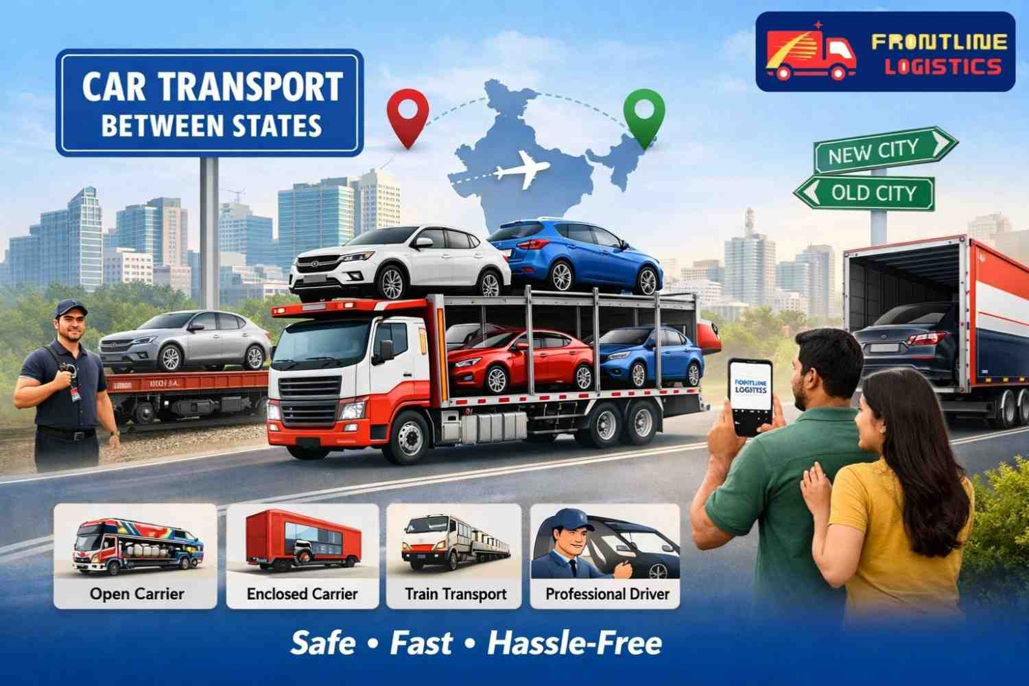 Car loaded on transport truck for interstate vehicle relocation in India